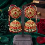 Royal Sunburst Sahara Jhumkas – Oversized Red & Gold Bell Earrings with Beaded Ear Chains