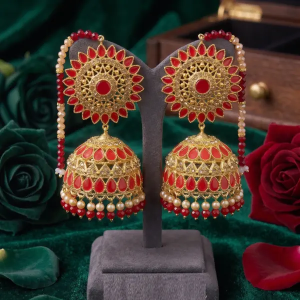 Royal Sunburst Sahara Jhumkas – Oversized Red & Gold Bell Earrings with Beaded Ear Chains