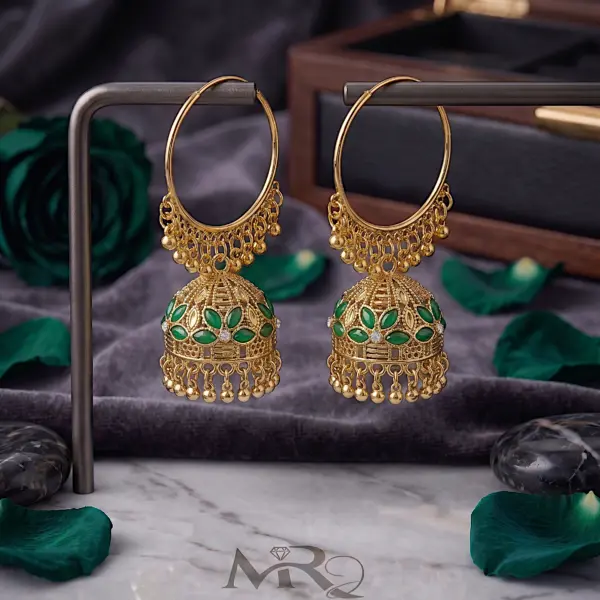 Solaris Hoop Jhumkas – Large Gold Halo Earrings with Green Stone