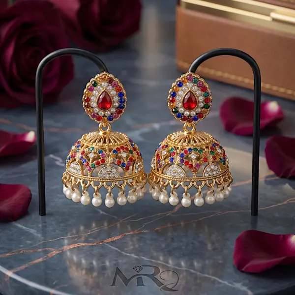 Kaleidoscope Heritage Jhumkas – Multi-Stone Gold Filigree Earrings with Pearl Drops