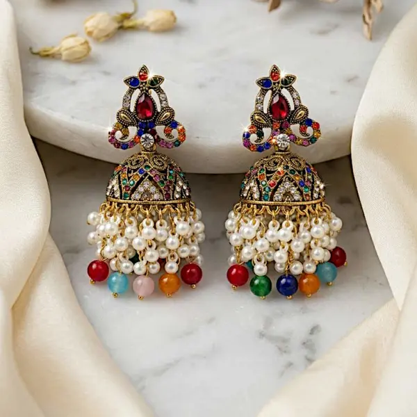 Imperial Floral Jhumkas – Traditional Filigree Drop Earrings - MULTI