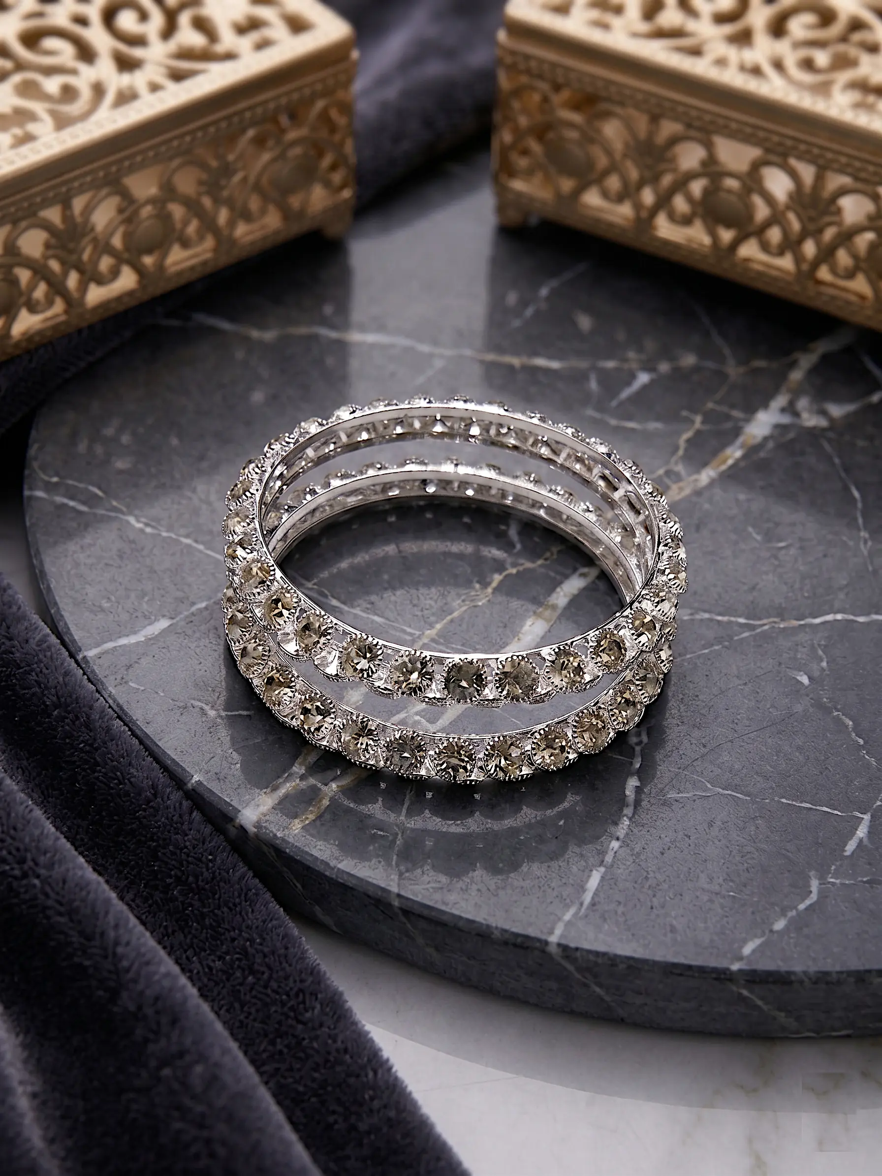 Twilight Eternity Bangle Set – Dual Rhodium-Finish Bands with Stones - Image 2