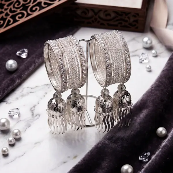 Celestial Jhumki Bangle Stack – Multi-Stone with Hanging Charms - White