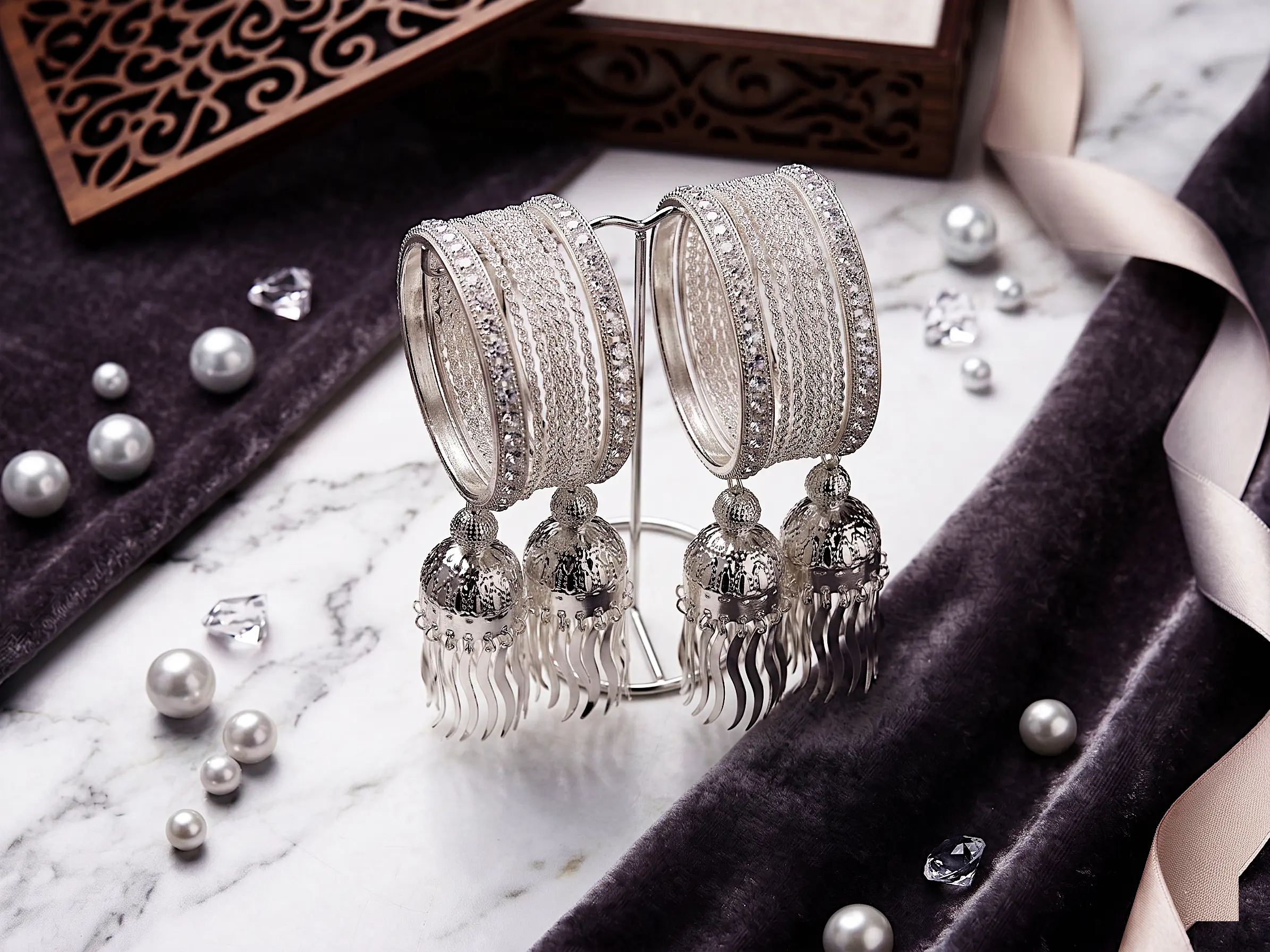 Celestial Jhumki Bangle Stack – Silver-Finish Multi-Stone Chuda Set with Hanging Charms - Image 2