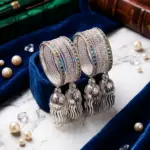 Celestial Jhumki Bangle Stack – Silver-Finish Multi-Stone Chuda Set with Hanging Charms