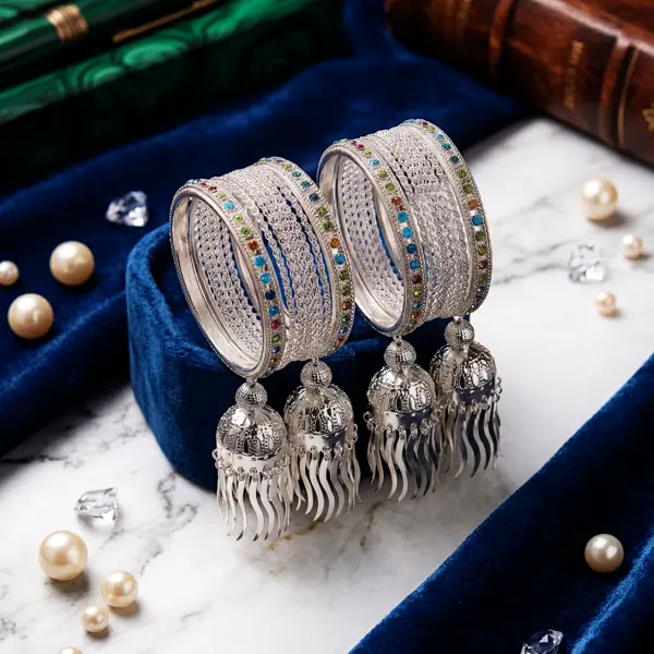 Celestial Jhumki Bangle Stack – Silver-Finish Multi-Stone Chuda Set with Hanging Charms