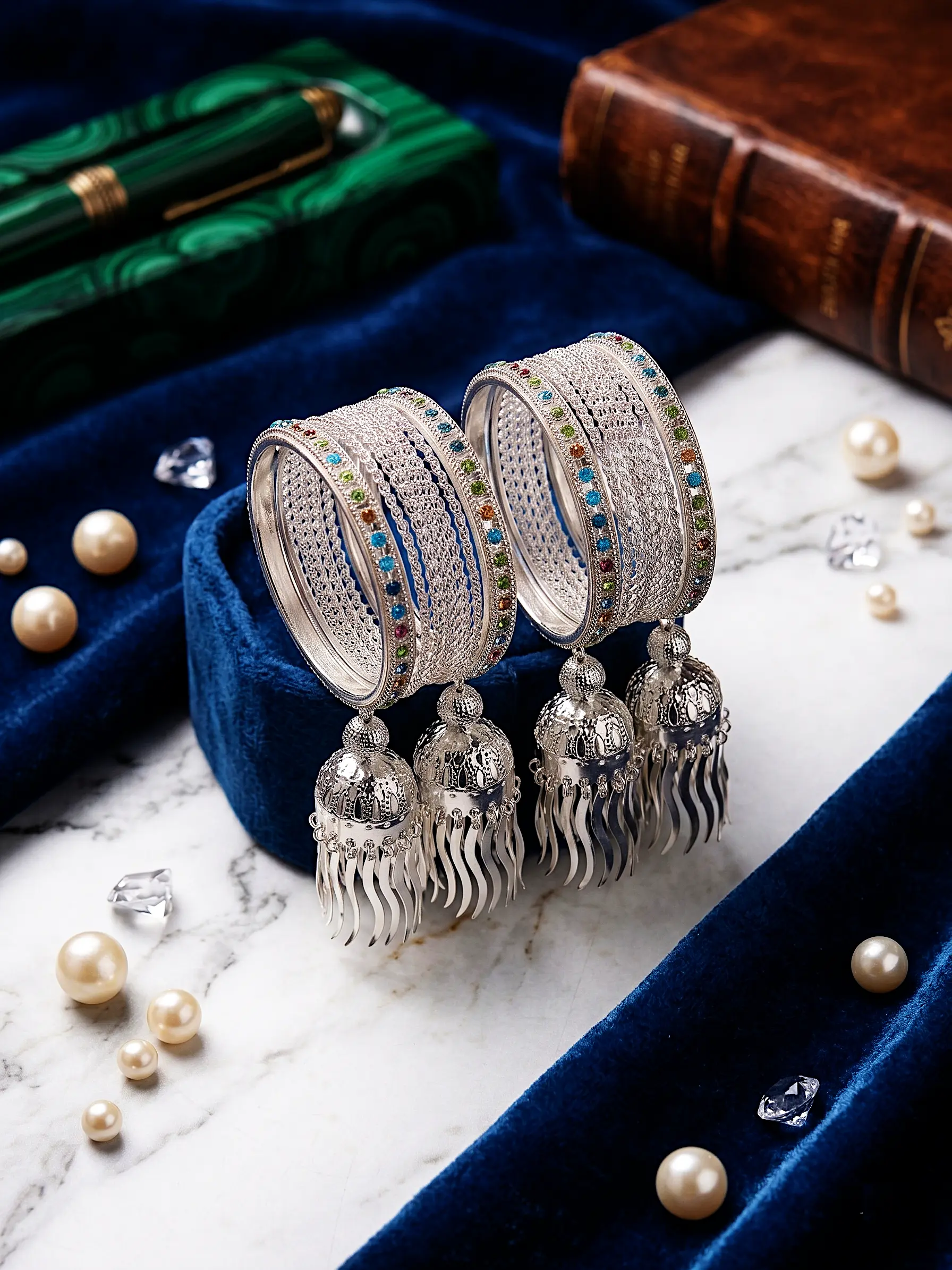 Celestial Jhumki Bangle Stack – Silver-Finish Multi-Stone Chuda Set with Hanging Charms