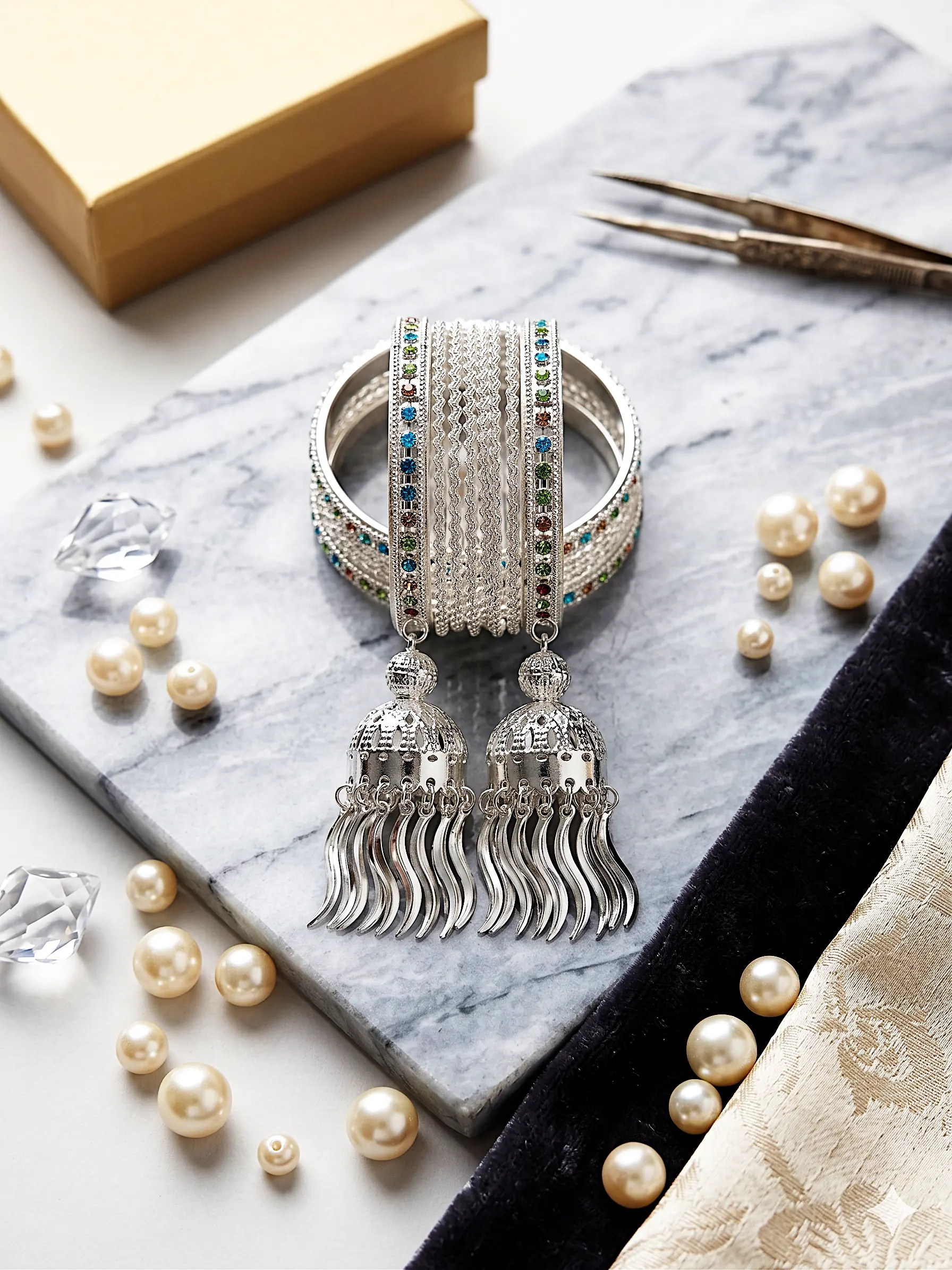 Celestial Jhumki Bangle Stack – Silver-Finish Multi-Stone Chuda Set with Hanging Charms - Image 5