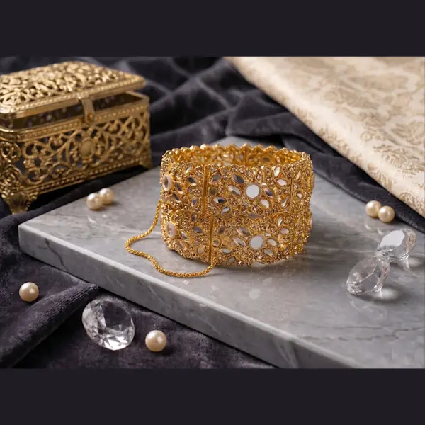 Imperial Mirror-Work Filigree Kadas – White Stone Statement Bangles with Safety Chain (Pair)