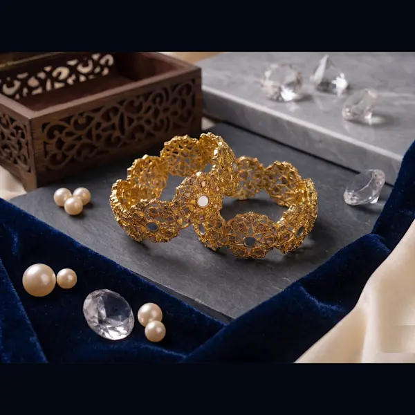 Honeycomb Mandala Heritage Kadas – Scalloped Hexagonal Gold Bangles (Pair)