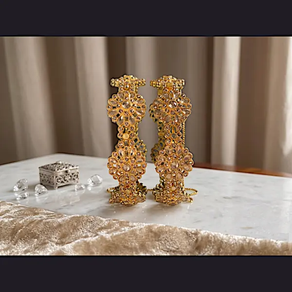 Majestic Flora Scalloped Kadas – Antique Gold Filigree Bangles with Safety Chains (Pair)