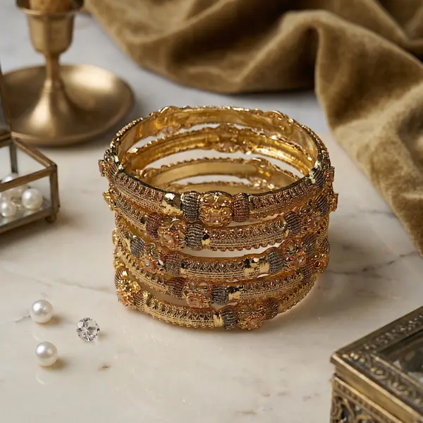 Temple Heritage Bangle Set – 6-Piece Textured Gold-Finish Bangle Stack