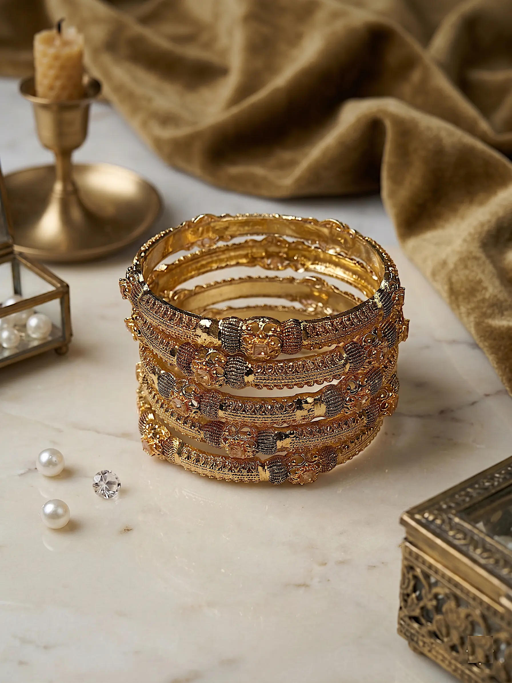 Temple Heritage Bangle Set – 6-Piece Textured Gold-Finish Bangle Stack