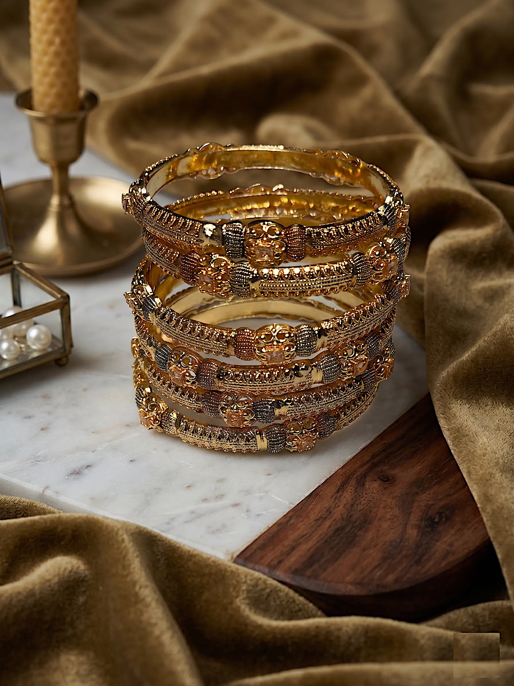 Temple Heritage Bangle Set – 6-Piece Textured Gold-Finish Bangle Stack - Image 2