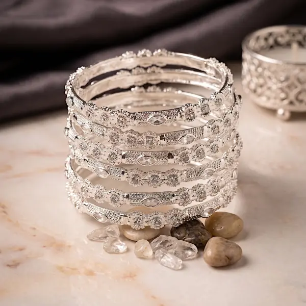 Moonlit Frost Bangle Set – 6-Piece Textured Silver-Finish Bangle Stack