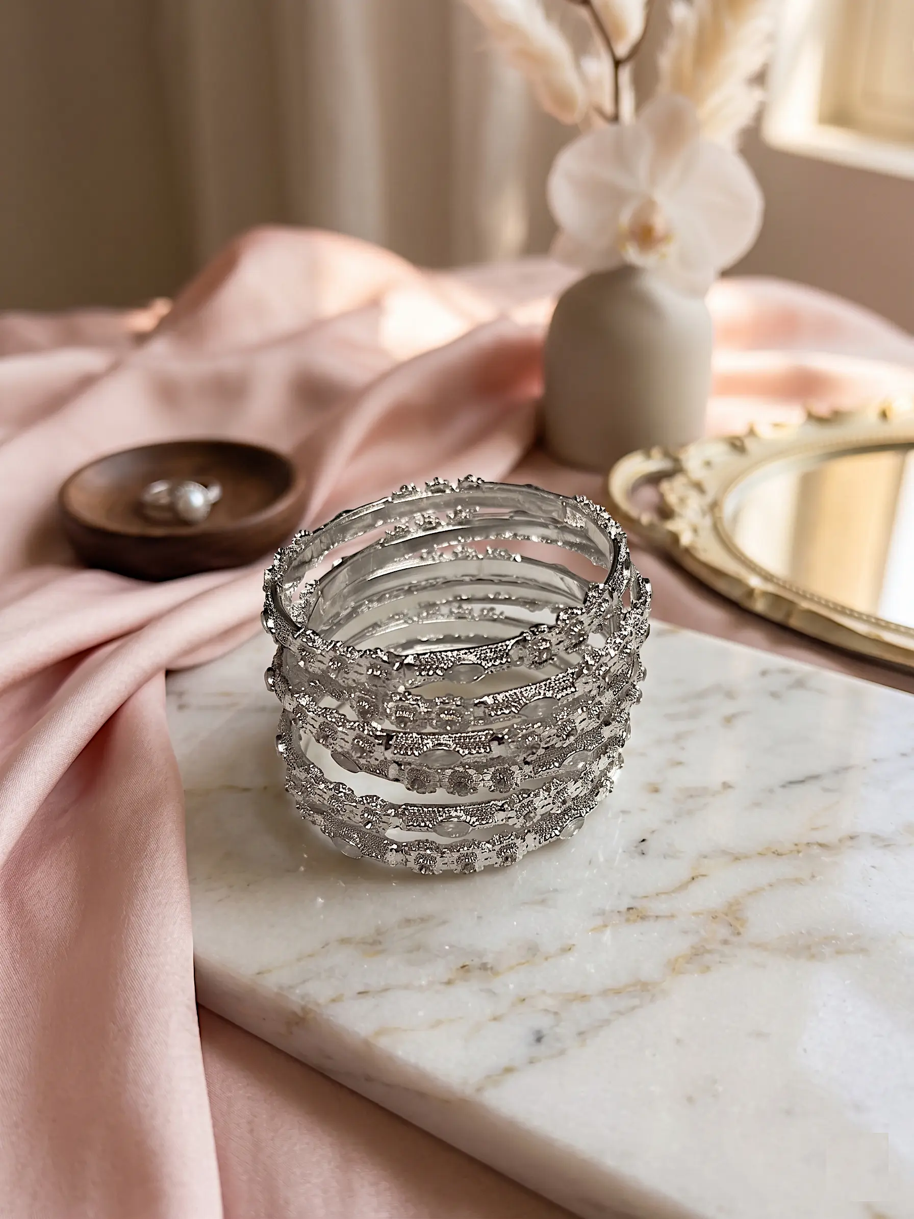 Moonlit Frost Bangle Set – 6-Piece Textured Silver-Finish Bangle Stack - Image 2