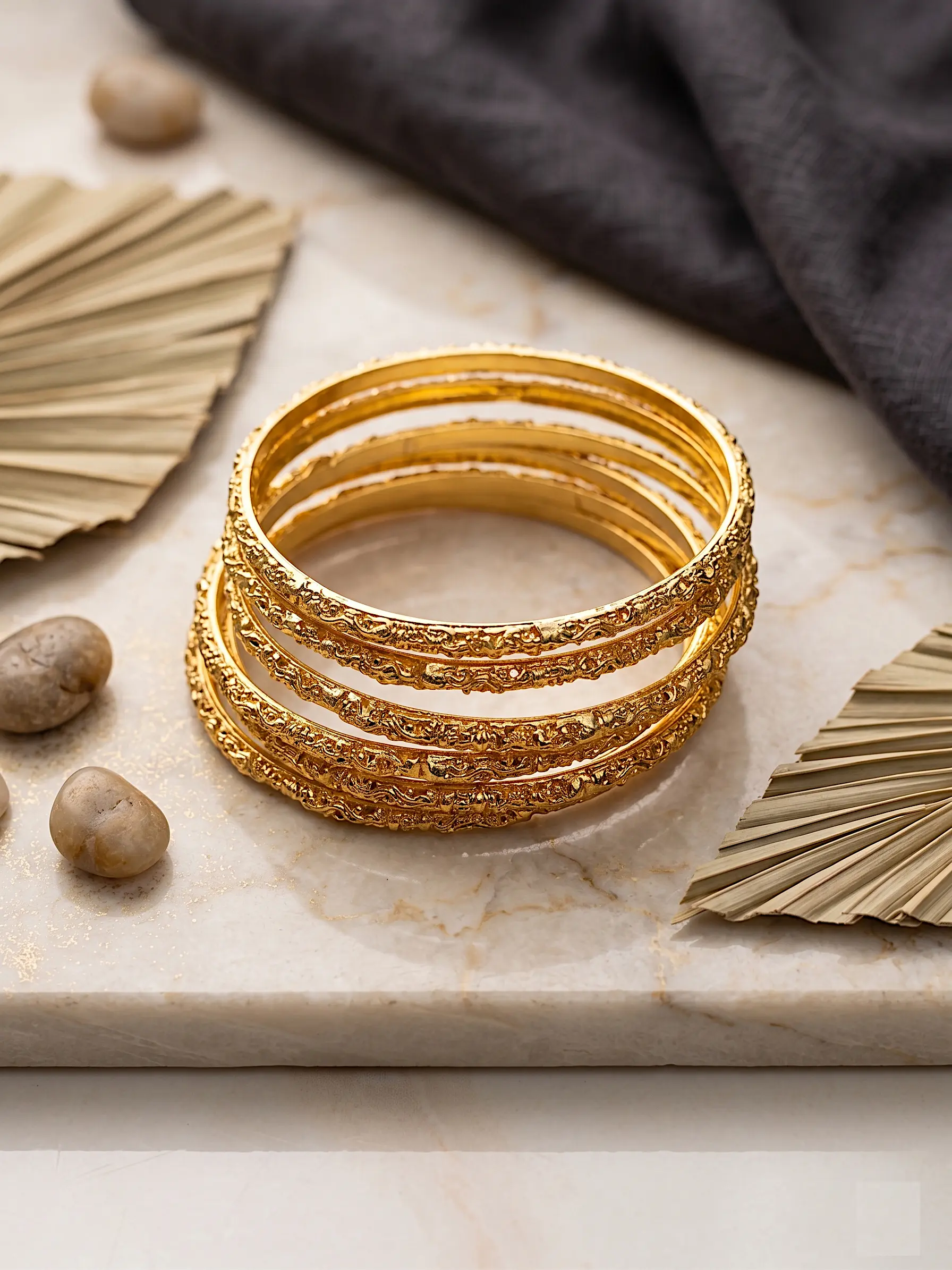 Artisan Gilded Texture Set – 6-Piece Hammered Gold-Finish Bangle Stack - Image 2