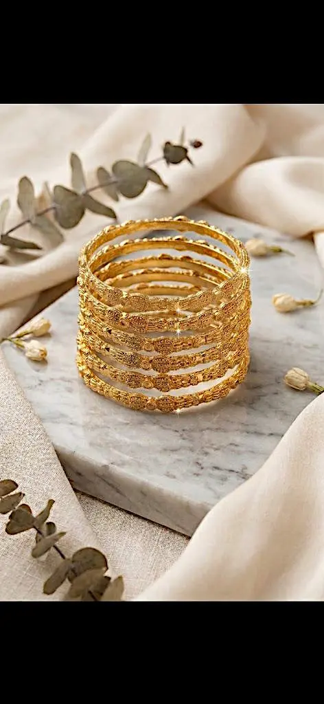 Elysian Scalloped Link Bangle Set – 6-Piece Textured Gold-Finish Stack with Crystal Accents - Image 2