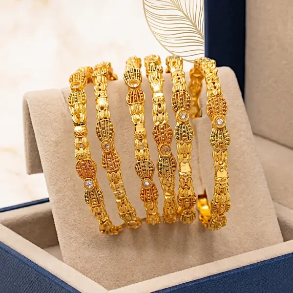 Elysian Scalloped Link Bangle Set – 6-Piece Textured Gold-Finish Stack with Crystal Accents