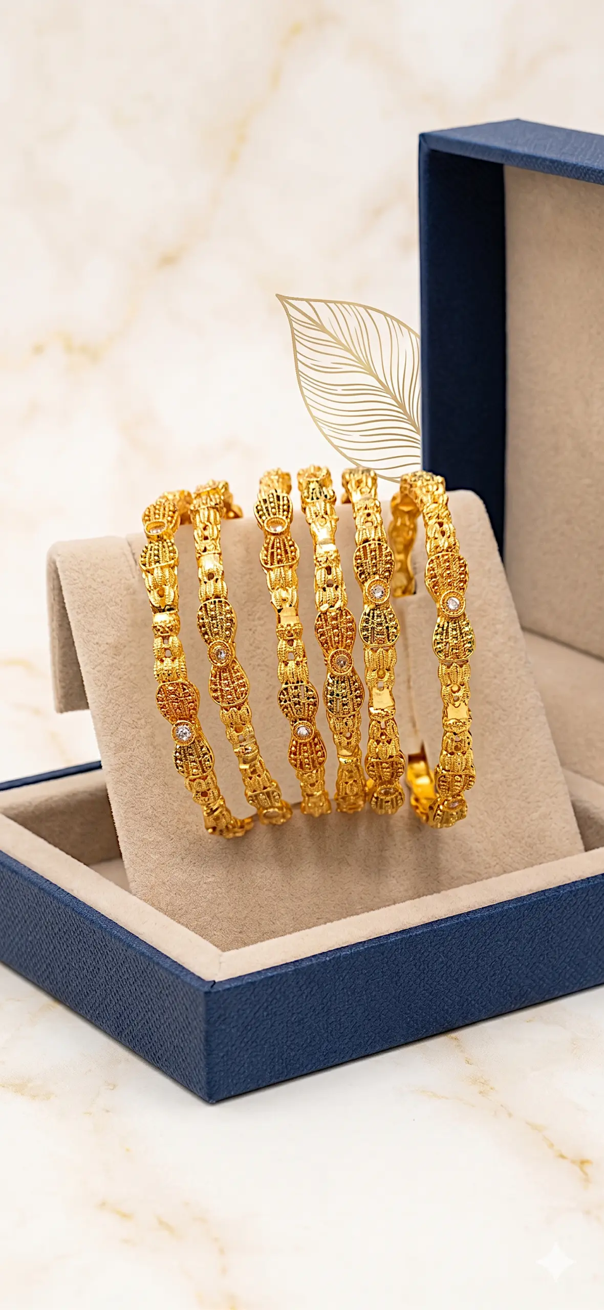 Elysian Scalloped Link Bangle Set – 6-Piece Textured Gold-Finish Stack with Crystal Accents