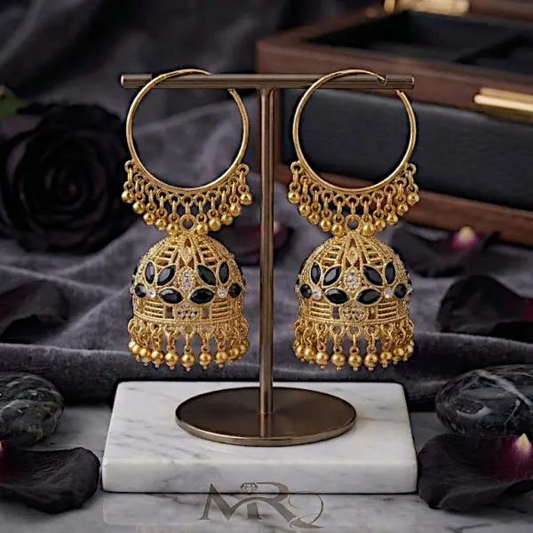 Solaris Hoop Jhumkas – Large Gold Halo Earrings with Stone-Encrusted Bells