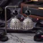 Antique Moon-Glaze Jhumkas – Oxidized Silver Bell Earrings - Black