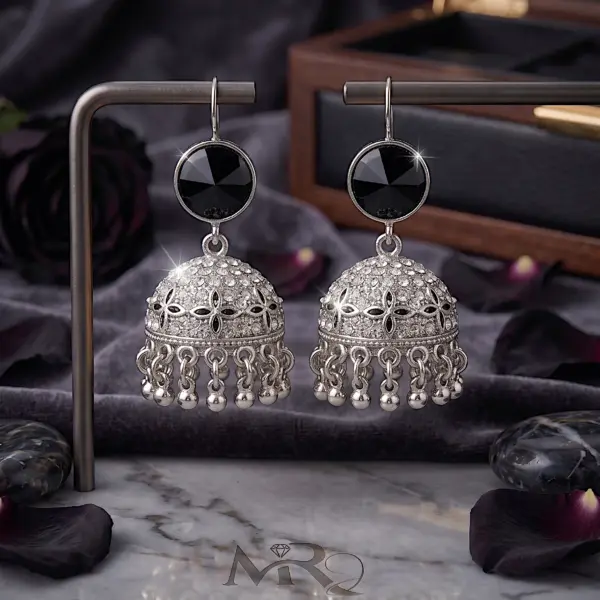 Antique Moon-Glaze Jhumkas – Oxidized Silver Bell Earrings - Black
