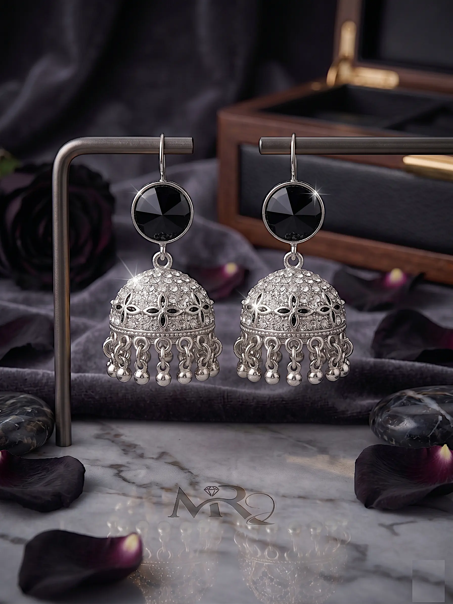 Antique Moon-Glaze Jhumkas – Oxidized Silver Bell Earrings - Image 2