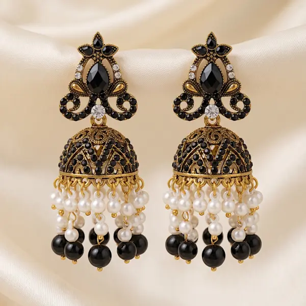 Imperial Floral Jhumkas – Traditional Filigree Drop Earrings - BLACK