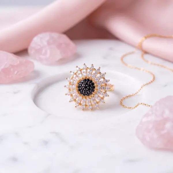 Radiant Bloom Sunflower Statement Ring - Black Adjustable Fit