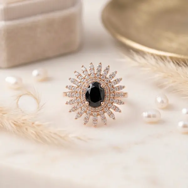 Royal Halo Vintage Oval Gemstone Ring Black - Adjustable