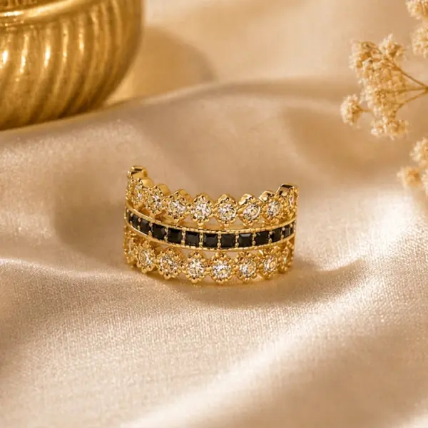 Royal Triple-Row Lace Eternity Ring – Black Adjustable