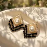 Deco Rhombus Pearl Drop Earrings – Geometric Baguette Fringe Studs in 4 Colors