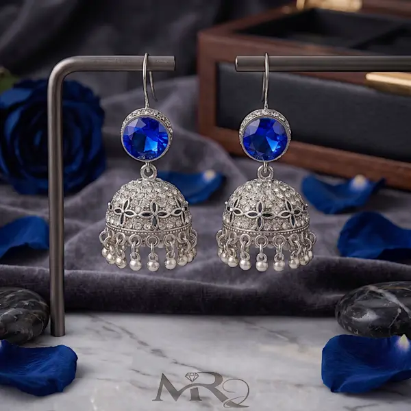 Antique Moon-Glaze Jhumkas – Oxidized Silver Bell Earrings - Blue