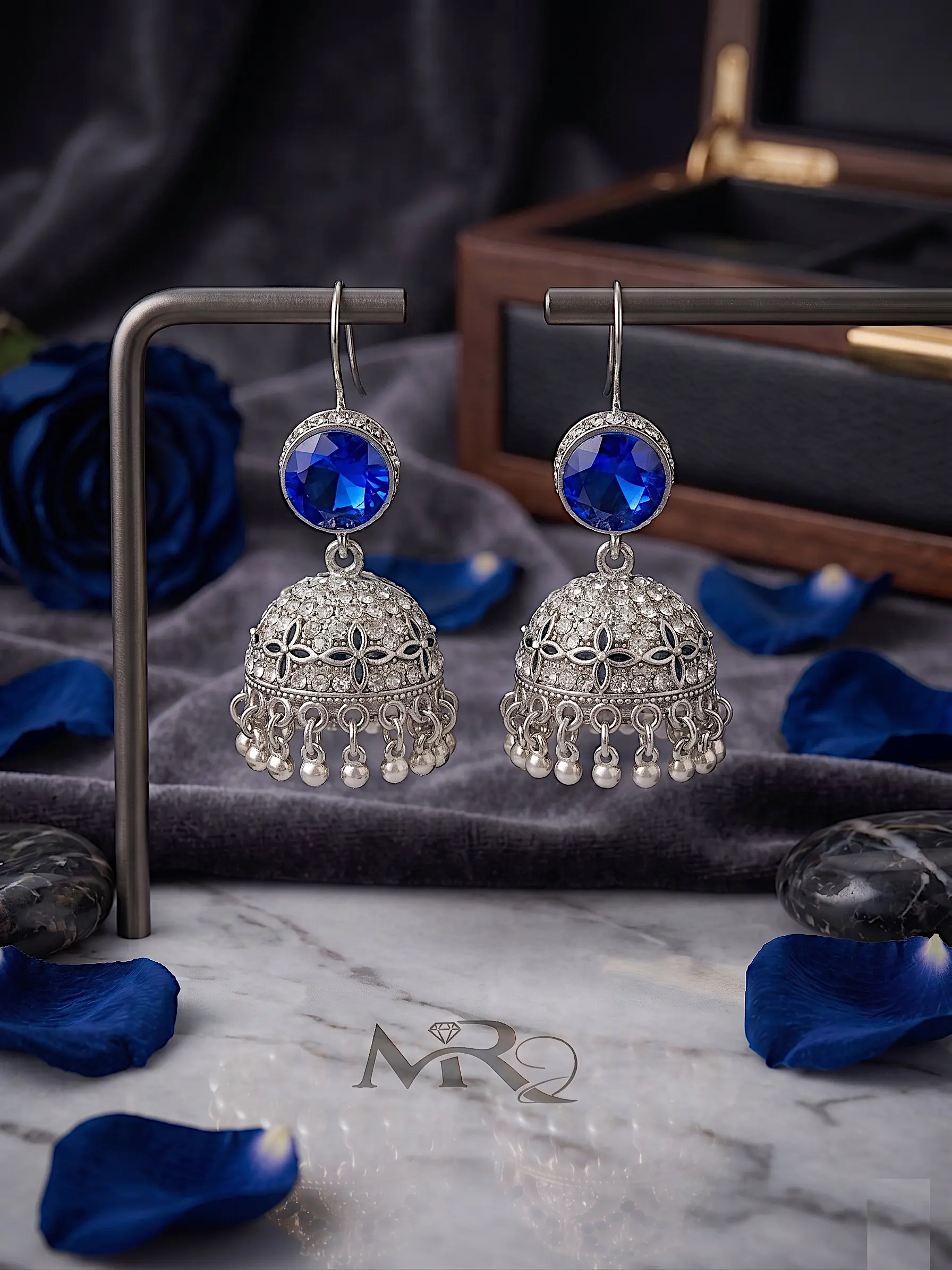 Antique Moon-Glaze Jhumkas – Oxidized Silver Bell Earrings - Image 3