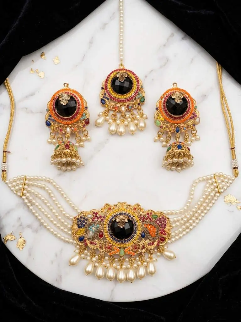 Obsidian Heritage Choker Set – 3 Piece Multi Stone Navratna & Pearl Collection - Image 3