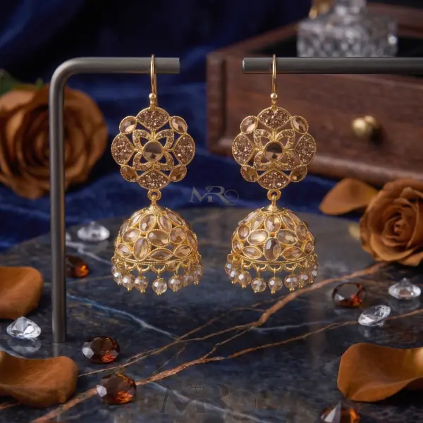 Elysian Gold & Champagne Mandala Jhumkas – Filigree Bell Earrings with Honey-Tone Crystals
