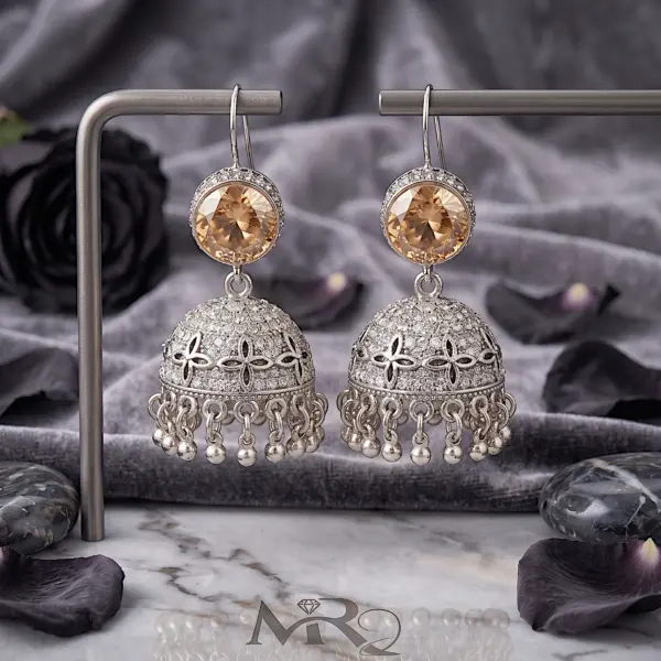 Antique Moon-Glaze Jhumkas – Oxidized Silver Bell Earrings - Champagne