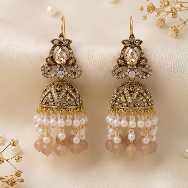 Imperial Floral Jhumkas – Traditional Filigree Drop Earrings - CHAMPAGNE
