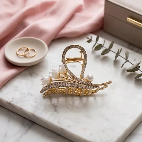 Flora & Bow Crystal Hair Claw – Premium Gold-Finish Butterfly Clip with Lily Accents