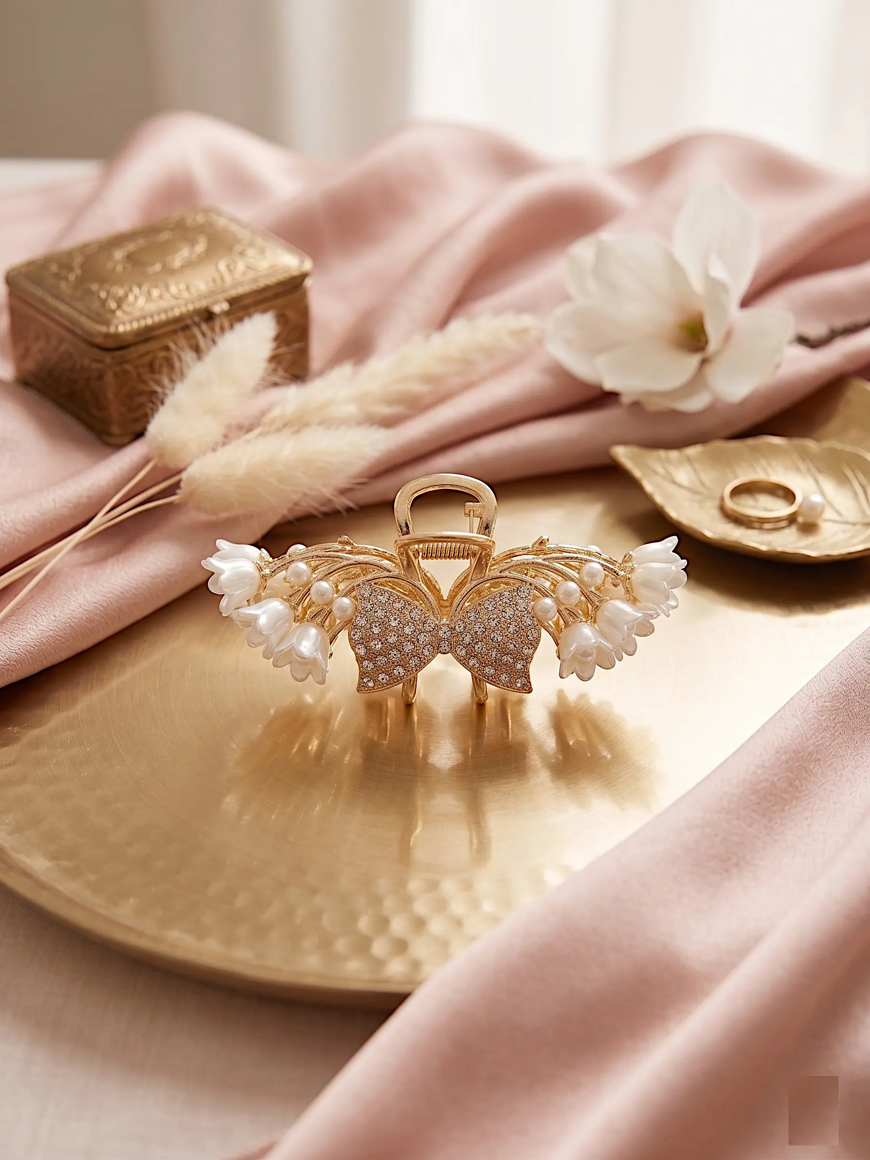 Serene Lily Crystal Hair Claw – Elegant Pearl Accent Clip in Gold Finish