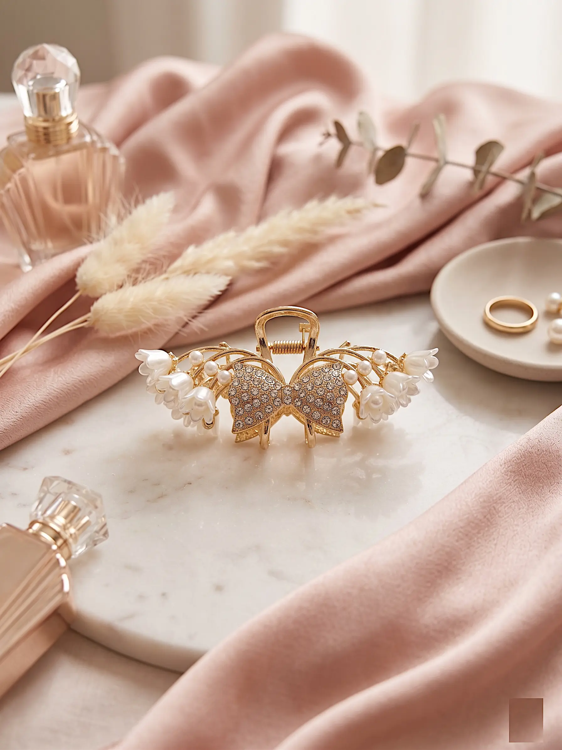Serene Lily Crystal Hair Claw – Elegant Pearl Accent Clip in Gold Finish - Image 2