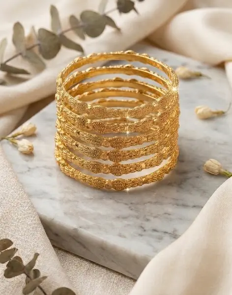 Elysian Scalloped Link Bangle Set – 6-Piece Textured Gold-Finish Stack with Crystal Accents