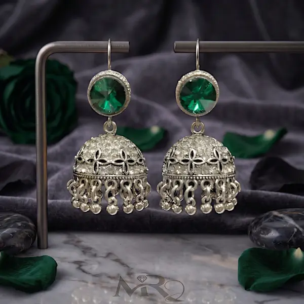 Antique Moon-Glaze Jhumkas – Oxidized Silver Bell Earrings - GREEN
