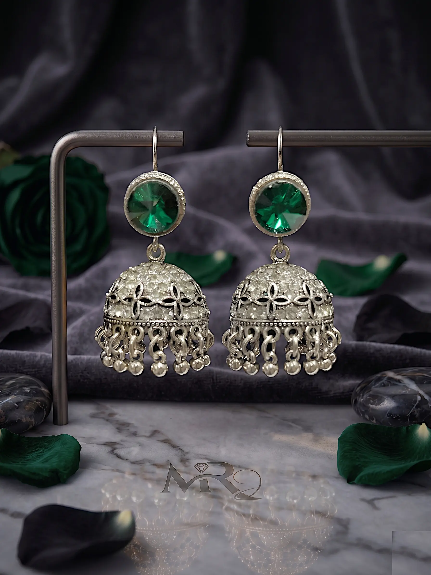Antique Moon-Glaze Jhumkas – Oxidized Silver Bell Earrings - Image 5