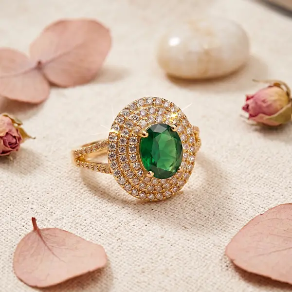 Grand Majestic Triple Halo Oval Ring – Green Adjustable Size