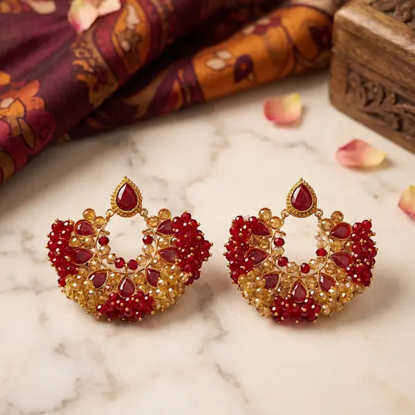 Regal Crescent Mosaic Studs – Garnet & Amber Beaded Chandbali Earrings