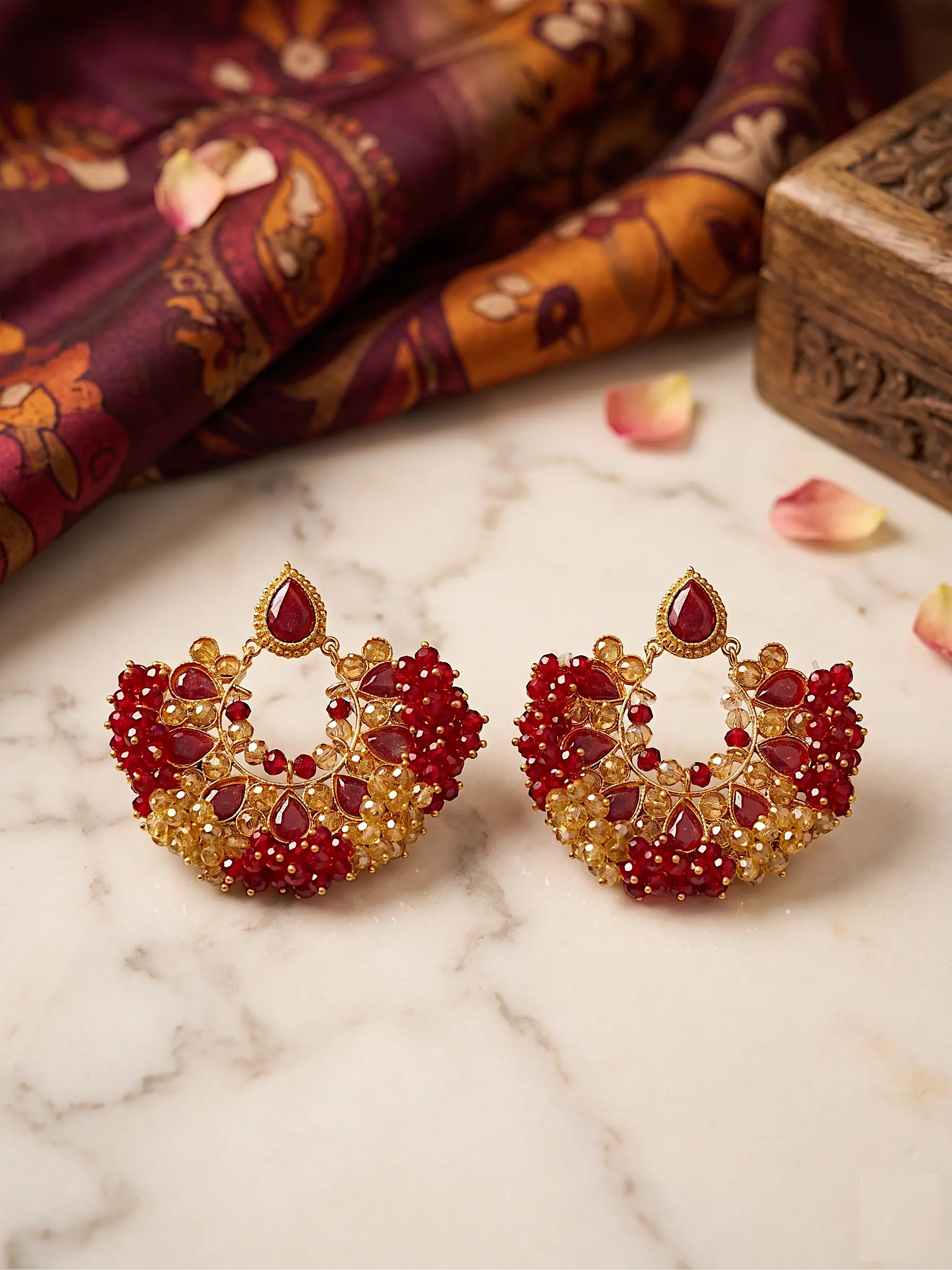 Regal Crescent Mosaic Studs – Garnet & Amber Beaded Chandbali Earrings