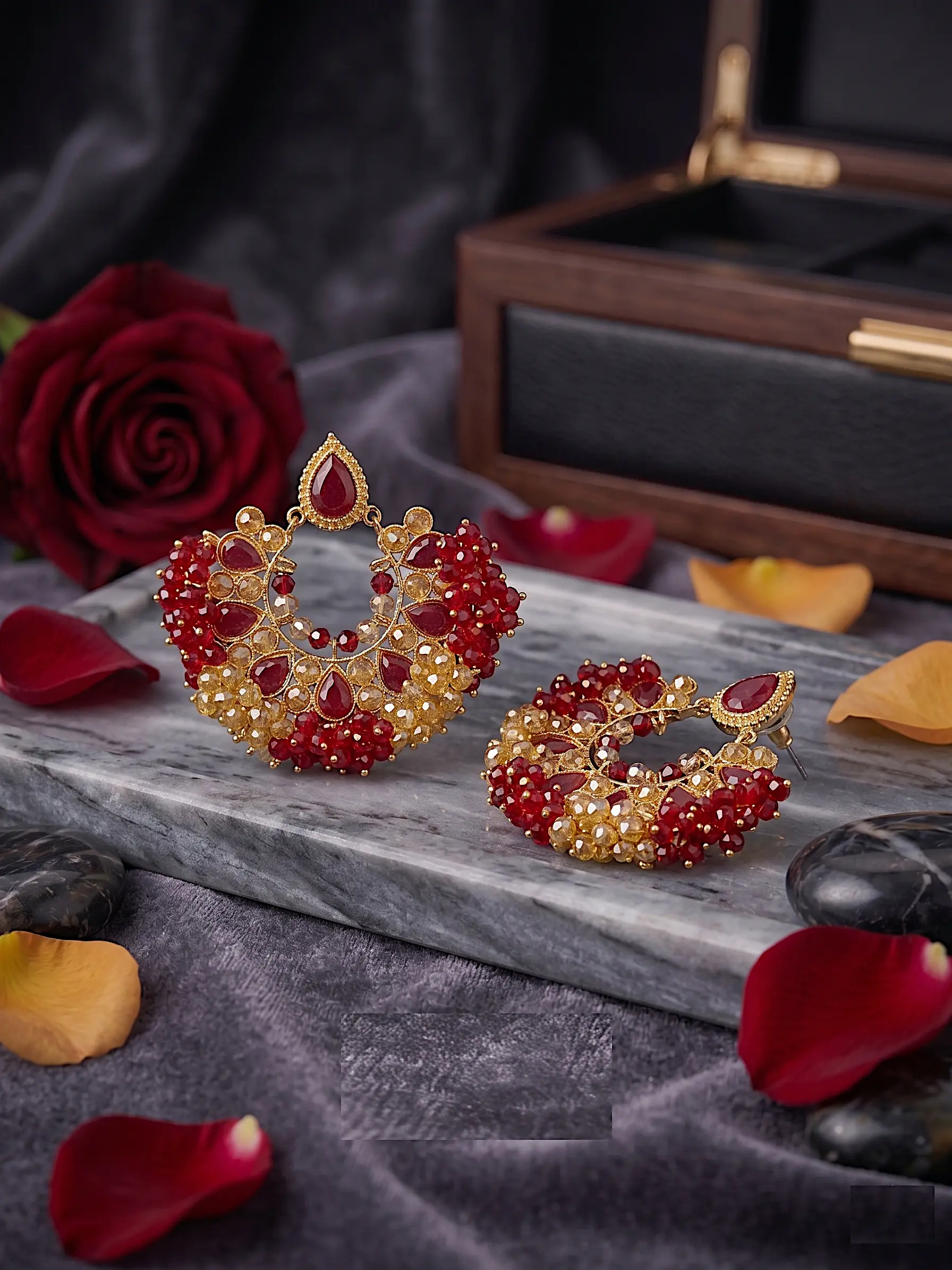 Regal Crescent Mosaic Studs – Garnet & Amber Beaded Chandbali Earrings - Image 2