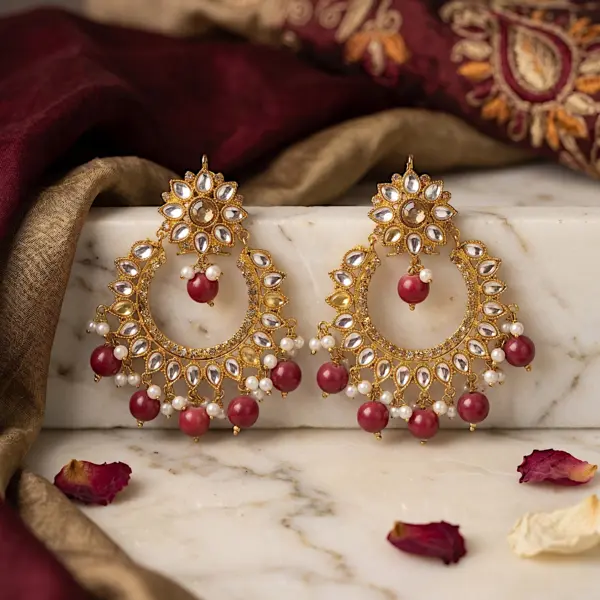 Majestic Kundan Chandbali Drops – Floral Motif Earrings with Ruby-Red Bead Fringe